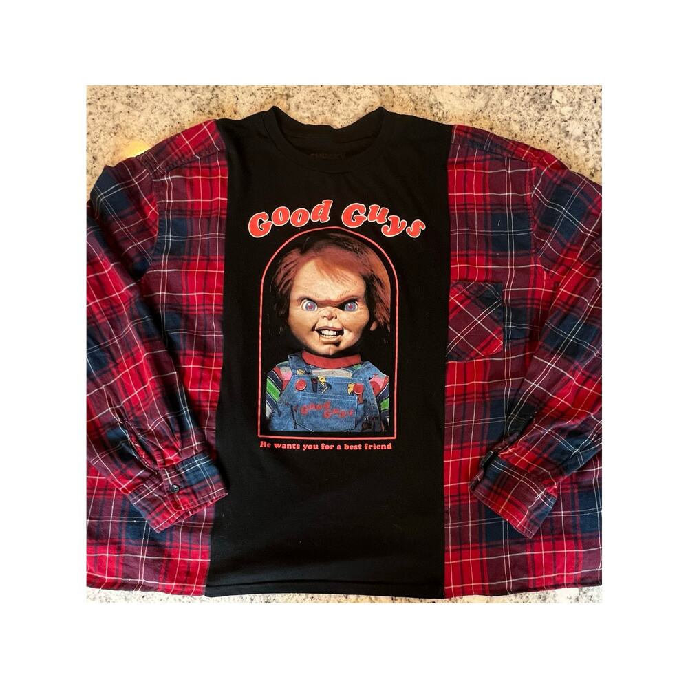 Chucky shirt, Flannel and tee reworked, Childs Play movie upcycle XL oversized